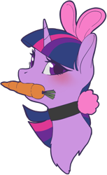 Size: 1019x1661 | Tagged: safe, artist:taytinabelle, derpibooru exclusive, imported from derpibooru, part of a set, twilight sparkle, pony, unicorn, animal costume, blushing, bunny costume, bunny ears, bust, carrot, chest fluff, clothes, collar, costume, cute, female, food, herbivore, looking at you, mare, mouth hold, simple background, solo, transparent background