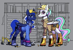 Size: 1500x1025 | Tagged: safe, artist:tsitra360, imported from derpibooru, princess celestia, princess luna, alicorn, pony, boots, clothes, cutie mark, duo, giant pony, helmet, looking at you, macro, shoes, signature, smiling