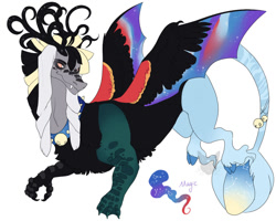 Size: 1024x820 | Tagged: safe, artist:arexstar, imported from derpibooru, oc, oc only, draconequus, hybrid, interspecies offspring, magical threesome spawn, multiple parents, offspring, parent:discord, parent:princess luna, parent:songbird serenade, simple background, solo, white background