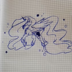 Size: 1080x1080 | Tagged: safe, artist:tessa_key_, imported from derpibooru, princess luna, alicorn, pony, ear fluff, eyelashes, female, graph paper, hoof shoes, horn, lineart, mare, solo, traditional art, wings