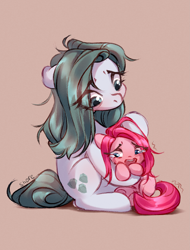 Size: 2205x2894 | Tagged: safe, artist:shore2020, imported from derpibooru, cloudy quartz, pinkie pie, earth pony, pony, adorable distress, adoraquartz, comforting, crying, cute, cuteamena, diapinkes, duo, duo female, eye clipping through hair, female, filly, filly pinkie pie, floppy ears, good parenting, high res, like mother like daughter, like parent like child, looking at someone, looking down, loose hair, mare, mother and child, mother and daughter, pinkamena diane pie, sad, sadorable, simple background, sitting, teary eyes, weapons-grade cute, young, younger
