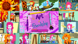 Size: 1280x721 | Tagged: safe, edit, edited screencap, editor:quoterific, imported from derpibooru, screencap, apple bloom, pinkie pie, sunset shimmer, wiz kid, bird, eqg summertime shorts, equestria girls, the art of friendship, ^^, apple bloom's bow, apron, bird costume, boots, bow, clothes, cutie mark, cutie mark on clothes, drums, drumsticks, eyes closed, flower, hair bow, hug, musical instrument, nest, painting, pinkie birdie, shoes, tree