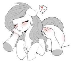 Size: 2045x1748 | Tagged: source needed, useless source url, safe, artist:evomanaphy, imported from derpibooru, oc, oc:shadow blue, earth pony, human, pony, back scratching, behaving like a cat, blushing, chest fluff, cuddling, cute, disembodied hand, eyelashes, eyes closed, feelings, female, floating heart, hand, heart, hnnng, mare, monochrome, not fluttershy, ocbetes, offscreen character, pat, patreon, patreon reward, petting, pony pet, pov, smiling, speech bubble