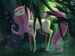 Size: 1024x768 | Tagged: safe, artist:magdaleria, imported from derpibooru, fluttershy, firefly (insect), insect, pegasus, pony, cute, female, forest, mare, shyabetes, solo