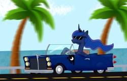 Size: 2833x1817 | Tagged: safe, artist:flammerfime, derpibooru exclusive, imported from derpibooru, princess luna, alicorn, pony, car, convertible, cool, cutie mark, palm tree, road, seaside, solo, tree