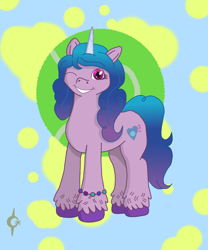 Size: 1154x1389 | Tagged: safe, artist:assertiveshypony, imported from derpibooru, izzy moonbow, pony, unicorn, spoiler:g5, ball, digital art, g5, looking at you, one eye closed, simple background, smiling, smiling at you, solo, tennis ball, wink, winking at you