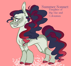 Size: 1024x946 | Tagged: safe, artist:hawklesscorruption, imported from derpibooru, oc, oc only, oc:summer sonnet, earth pony, pony, colored hooves, female, freckles, mare, offspring, parent:big macintosh, parent:coloratura, parents:raramac, red background, simple background, solo