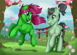 Size: 3035x2150 | Tagged: safe, artist:ali-selle, imported from derpibooru, oc, oc only, oc:agile, oc:senshi, earth pony, pony, brother and sister, cherry blossoms, female, flower, flower blossom, jumping, looking at each other, male, petals, raised hoof, siblings, tree