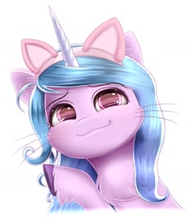 Size: 1209x1410 | Tagged: safe, artist:phoenixrk49, imported from derpibooru, izzy moonbow, pony, unicorn, bust, cat ears, chest fluff, ear fluff, female, g5, hoof fluff, looking at you, mare, raised hoof, simple background, smiling, smiling at you, solo, unshorn fetlocks, whiskers, white background