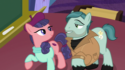 Size: 1920x1080 | Tagged: safe, imported from derpibooru, screencap, on stage, raspberry beret, earth pony, pony, horse play, beret, clothes, female, hat, jacket, looking at each other, male, mare, stallion