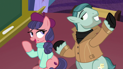 Size: 1920x1080 | Tagged: safe, imported from derpibooru, screencap, on stage, raspberry beret, earth pony, pony, horse play, beret, clothes, female, hat, jacket, male, stallion