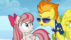 Size: 1920x1080 | Tagged: safe, imported from derpibooru, screencap, angel wings, spitfire, pegasus, pony, top bolt, female, mare