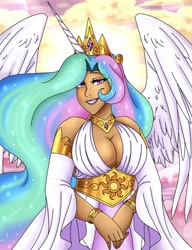 Size: 1556x2021 | Tagged: safe, artist:mscreepyplaguedoctor, imported from derpibooru, princess celestia, human, alicorn humanization, alternate hairstyle, bedroom eyes, bracelet, breasts, busty princess celestia, clothes, cloud, crown, dark skin, dress, female, grin, horn, horned humanization, humanized, jewelry, regalia, sky, smiling, solo, sun, winged humanization, wings