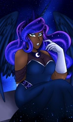 Size: 1579x2657 | Tagged: safe, artist:mscreepyplaguedoctor, imported from derpibooru, princess luna, human, alicorn humanization, alternate hairstyle, belt, breasts, busty princess luna, clothes, crown, dark skin, dress, evening gloves, eyeshadow, female, gloves, horn, horned humanization, humanized, jewelry, lip bite, lipstick, long gloves, makeup, regalia, solo, winged humanization, wings