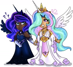 Size: 1975x1828 | Tagged: safe, artist:mscreepyplaguedoctor, imported from derpibooru, princess celestia, princess luna, human, alicorn humanization, alternate hairstyle, bracelet, chibi, clothes, crown, dark skin, dress, duo, evening gloves, female, gloves, grin, holding hands, horn, horned humanization, humanized, jewelry, long gloves, question mark, regalia, royal sisters, siblings, simple background, sisters, smiling, white background, winged humanization, wings