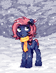 Size: 526x689 | Tagged: safe, artist:hikkage, artist:kotkkira, imported from derpibooru, oc, oc only, earth pony, pony, clothes, pixel art, scarf, snow, solo