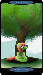 Size: 1500x2591 | Tagged: safe, artist:sixes&sevens, imported from derpibooru, part of a set, tree hugger, butterfly, earth pony, pony, ace of cups, female, food, lotus position, minor arcana, mug, outdoors, sitting, solo, tarot card, tea, tree