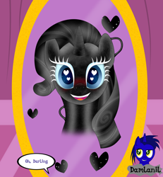 Size: 3840x4154 | Tagged: safe, alternate version, artist:damlanil, imported from derpibooru, rarity, latex pony, original species, pony, unicorn, blue sclera, blushing, carousel boutique, comic, cute, darling, female, happy, heart, heart eyes, horn, latex, living latex, looking at you, mare, mind control, mirror, open mouth, raribetes, rubber, shiny, shiny mane, simple background, smiling, symbiote, text, transformation, vector, wingding eyes