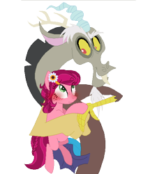 Size: 510x566 | Tagged: safe, artist:gallantserver, imported from derpibooru, discord, gloriosa daisy, draconequus, earth pony, pony, blushing, crack shipping, equestria girls ponified, gloricord, grin, holding a pony, ponified, shipping, simple background, smiling, transparent background