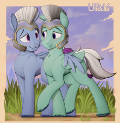 Size: 1944x2000 | Tagged: safe, artist:uliovka, imported from derpibooru, pegasus, pony, armor, cute, duo, g5, gay, guard, half r63 shipping, looking at each other, male, mistaken gender, pegasus royal guard, royal guard, rule 63, shipping, stallion, thunder flap, unnamed character, unnamed pony, wings, zoom zephyrwing, zoomthunder