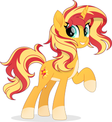 Size: 5443x5947 | Tagged: safe, artist:inaactive, artist:pumpkinpieforlife, imported from derpibooru, sunset shimmer, pony, unicorn, absurd resolution, alternate design, coat markings, cute, female, freckles, looking at you, mare, pale belly, peppered bacon, raised hoof, shimmerbetes, simple background, smiling, socks (coat markings), solo, transparent background, vector