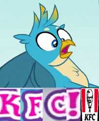 Size: 496x608 | Tagged: safe, editor:horsesplease, imported from derpibooru, gallus, griffon, caption, expand dong, exploitable meme, gallus the rooster, gallusposting, image macro, kfc, meme, text, that griffon sure does love kfc