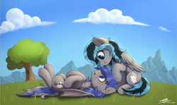 Size: 3896x2323 | Tagged: safe, artist:av-4, artist:avastin4, imported from derpibooru, oc, oc only, oc:luny, oc:moonslurps, bat pony, pegasus, pony, grass, hooves in air, lying down, lying in grass, lying on the ground, mountain, on back, open mouth, scenery, tongue out, tree