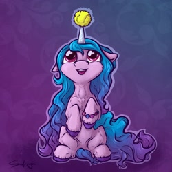 Size: 2048x2048 | Tagged: safe, artist:safizejaart, imported from derpibooru, izzy moonbow, pony, unicorn, spoiler:g5, ball, female, floppy ears, g5, izzy's tennis ball, jewelry, mare, simple background, solo, tennis ball, two toned mane