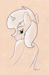 Size: 3296x4991 | Tagged: safe, artist:peruserofpieces, imported from derpibooru, oc, oc:petina, pony, unicorn, drawing, female, looking at you, looking back, looking over shoulder, mare, smiling, smiling at you, toned paper, traditional art