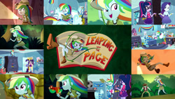 Size: 1280x721 | Tagged: safe, edit, edited screencap, editor:quoterific, imported from derpibooru, screencap, daring do, rainbow dash, rarity, sci-twi, twilight sparkle, eqg summertime shorts, equestria girls, leaping off the page, belt, book, boots, clothes, cutie mark, cutie mark on clothes, eyes closed, glasses, hat, jungle, ponytail, rainbow dash's bedroom, running, shirt, shoes, vine