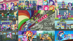 Size: 1280x721 | Tagged: safe, edit, edited screencap, editor:quoterific, imported from derpibooru, screencap, applejack, big macintosh, fluttershy, pinkie pie, rainbow dash, rarity, sci-twi, sunset shimmer, twilight sparkle, bird, eqg summertime shorts, equestria girls, get the show on the road, applejack's hat, bass guitar, boots, canterlot high, clothes, cowboy boots, cowboy hat, cute, cutie mark, cutie mark on clothes, denim skirt, drums, drumsticks, eyes closed, female, geode of empathy, geode of fauna, geode of shielding, geode of sugar bombs, geode of super speed, geode of super strength, geode of telekinesis, guitar, hairpin, hat, humane five, humane seven, humane six, jewelry, magical geodes, male, microphone, musical instrument, necklace, oil, ponied up, rainbow dash is not amused, rapper dash, school bus, shoes, shyabetes, skirt, smiling, studebaker, tambourine, the rainbooms, the rainbooms tour bus, twiabetes, unamused, wings