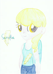 Size: 1024x1419 | Tagged: safe, artist:loverdandluna, imported from derpibooru, sassaflash, human, clothes, colored pencil drawing, cutie mark, cutie mark on clothes, cutie mark on human, female, folded wings, humanized, lightning, signature, simple background, smiling, tanktop, traditional art, white background, wings