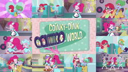 Size: 1280x721 | Tagged: safe, edit, edited screencap, editor:quoterific, imported from derpibooru, screencap, pinkie pie, coinky-dink world, eqg summertime shorts, equestria girls, apron, cafeteria, clothes, collage, cute, dancing, diapinkes, eyes closed, female, male, roller skates