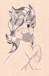 Size: 3144x4827 | Tagged: safe, artist:peruserofpieces, imported from derpibooru, oc, pony, unicorn, drawing, female, flower, flower in hair, fluffy, food, jewelry, looking at you, mare, mouth hold, one eye closed, raised hoof, smiling, toned paper, traditional art, waffle, wink, winking at you