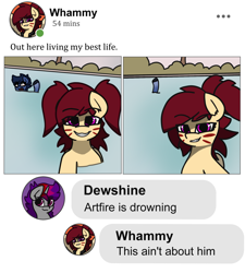 Size: 1800x2000 | Tagged: safe, artist:deltarum, imported from derpibooru, oc, oc only, oc:artfire, oc:dewshine, oc:whammy, earth pony, pegasus, unicorn, earth pony oc, facebook, horn, meme, pegasus oc, ponified meme, unicorn oc, wings