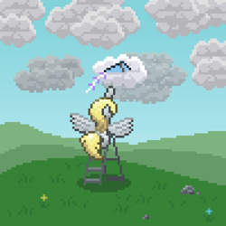 Size: 600x600 | Tagged: safe, artist:nitobit, artist:silent pone, derpibooru exclusive, imported from derpibooru, derpy hooves, pegasus, pony, cloud, female, grass, kite, ladder, mare, pixel art, reaching, solo, spread wings, stuck, wings