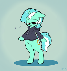 Size: 2800x3000 | Tagged: safe, alternate version, artist:skoon, imported from derpibooru, lyra heartstrings, pony, semi-anthro, unicorn, fanfic:background pony, bipedal, broken hearts, clothes, cute, dig the swell hoodie, female, heart eyes, hoodie, humming, lyrabetes, music notes, redraw, sad, sadorable, solo, standing, wingding eyes