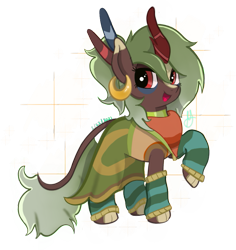 Size: 725x767 | Tagged: safe, artist:orbitingdamoon, imported from derpibooru, oc, oc only, oc:bush sapling, kirin, pony, bandana, clothes, female, green mane, leg warmers, long mane, long tail, mare, red eyes, simple background, smiling, solo, transparent background