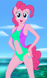 Size: 2100x3500 | Tagged: safe, anonymous editor, artist:lexx disaster, edit, imported from derpibooru, pinkie pie, anthro, earth pony, belly button, bicolor swimsuit, clothes, female, navel cutout, ocean, solo, swimsuit