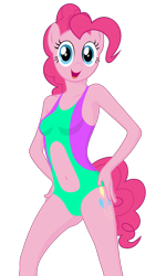 Size: 2100x3500 | Tagged: safe, anonymous editor, artist:lexx disaster, imported from derpibooru, pinkie pie, anthro, earth pony, belly button, bicolor swimsuit, clothes, female, navel cutout, simple background, solo, swimsuit, transparent background