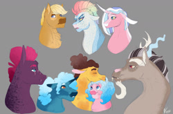 Size: 1280x847 | Tagged: safe, artist:sodafalls, imported from derpibooru, applejack, cheese sandwich, clear sky, discord, party favor, pinkie pie, quibble pants, rainbow dash, tempest shadow, pony, alternate design, bust, cheesepie, discopie, female, lesbian, male, partypie, polyamory, portrait, quibbledash, quibbledashsky, quibblesky, shipping, straight, tempestpie