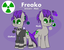 Size: 2308x1825 | Tagged: safe, artist:moonatik, imported from derpibooru, oc, oc only, oc:freako, pony, unicorn, clothes, collar, commission, ear piercing, earring, eyeshadow, jewelry, makeup, male, piercing, reference sheet, solo, spiked collar, stallion, wristband