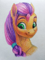Size: 3000x4000 | Tagged: safe, artist:skyaircobra, imported from derpibooru, sunny starscout, earth pony, pony, bust, colored pencil drawing, female, g5, mare, portrait, smiling, solo, traditional art