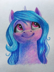 Size: 3000x4000 | Tagged: safe, artist:skyaircobra, imported from derpibooru, izzy moonbow, pony, unicorn, bust, colored pencil drawing, female, g5, mare, portrait, smiling, solo, traditional art