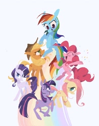 Size: 2414x3077 | Tagged: safe, artist:frozenspoots, artist:frozenspots, imported from derpibooru, applejack, fluttershy, pinkie pie, rainbow dash, rarity, twilight sparkle, earth pony, pony, unicorn, confetti, eyes closed, female, floppy ears, high res, mane six, mare, open mouth, rainbow trail, unicorn twilight, wingless