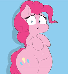 Size: 3376x3648 | Tagged: safe, artist:blitzyflair, imported from derpibooru, imported from ponybooru, pinkie pie, earth pony, pony, belly button, bipedal, blue background, chubbie pie, chubby, clothes, fat, featureless crotch, female, looking at you, mare, open mouth, plump, shrunken pupils, simple background, solo, thighs