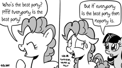 Size: 1200x675 | Tagged: safe, artist:pony-berserker, imported from derpibooru, pinkie pie, twilight sparkle, alicorn, earth pony, pony, duo, eyes closed, floppy ears, halftone, open mouth, pony-berserker's twitter sketches, smiling, speech bubble, stippling, sweat, sweatdrop, twilight sparkle (alicorn)