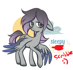Size: 652x626 | Tagged: safe, alternate version, artist:glacierclear, imported from derpibooru, oc, oc only, oc:sleepy scribble, pegasus, pony, :), bags under eyes, cloud, colored hooves, colored wings, female, fixed, floppy ears, lidded eyes, looking at you, mare, moon, multicolored wings, pegasus oc, raised hoof, smiley face, solo, spread wings, starry wings, wings