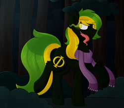 Size: 1024x891 | Tagged: safe, artist:nathegar, imported from derpibooru, oc, oc only, oc:vermont black, earth pony, pony, clothes, forest, forest background, glowing eyes, looking at you, male, night, phi, raised hoof, scarf, sharp teeth, solo, sombra eyes, stallion, teeth, tongue out