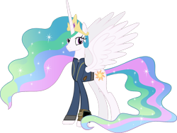 Size: 1280x963 | Tagged: safe, artist:andoanimalia, artist:ponygamer2020, imported from derpibooru, princess celestia, alicorn, pony, fallout equestria, absurd resolution, clothes, crown, fallout, female, jewelry, jumpsuit, looking at you, mare, pipboy, regalia, simple background, solo, transparent background, vault suit, vector